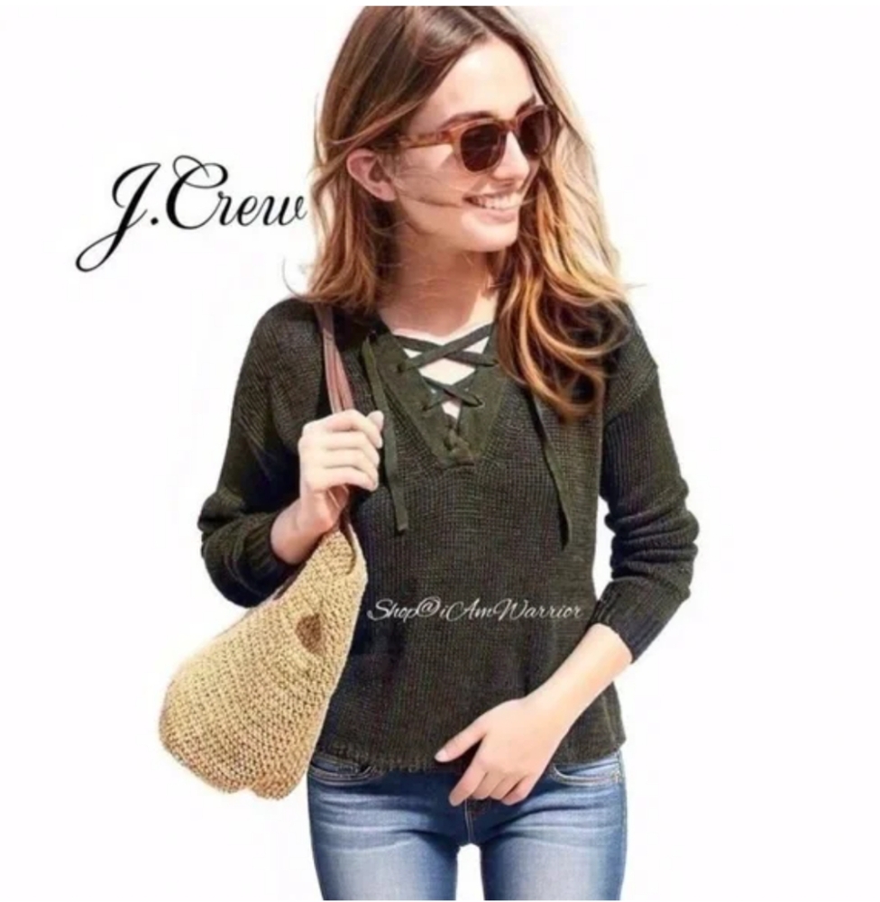 J. Crew Linen Lace Up Sweater Olive Green Sz S $35